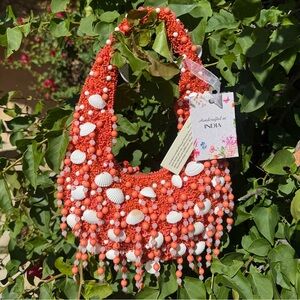 NWT Made in India Orange White Shell Seashell Beaded Embellished Bag Summer